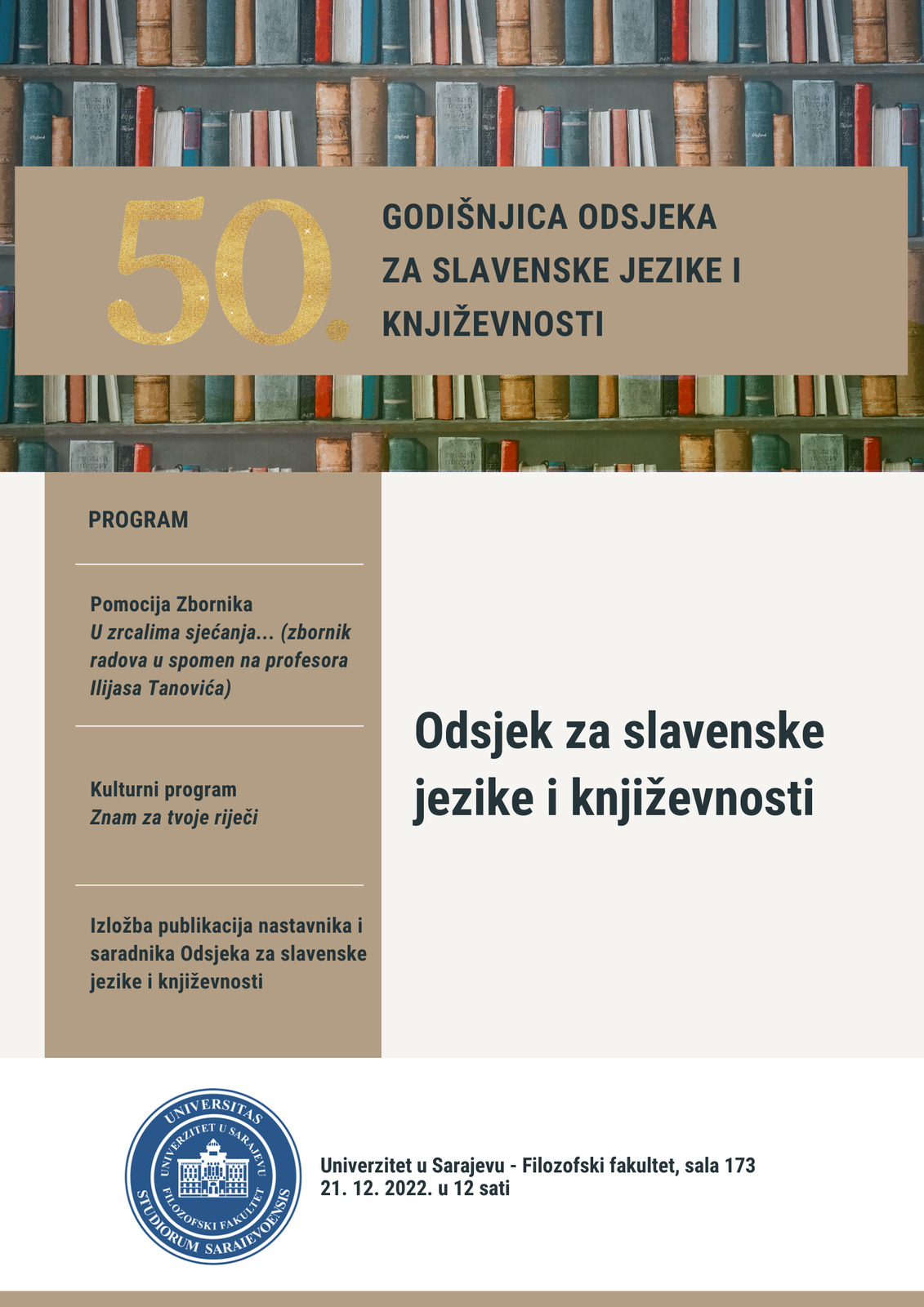 Poziv na obilježavanje pedesete godišnjice djelovanja Odsjeka za slavenske jezike i književnosti
