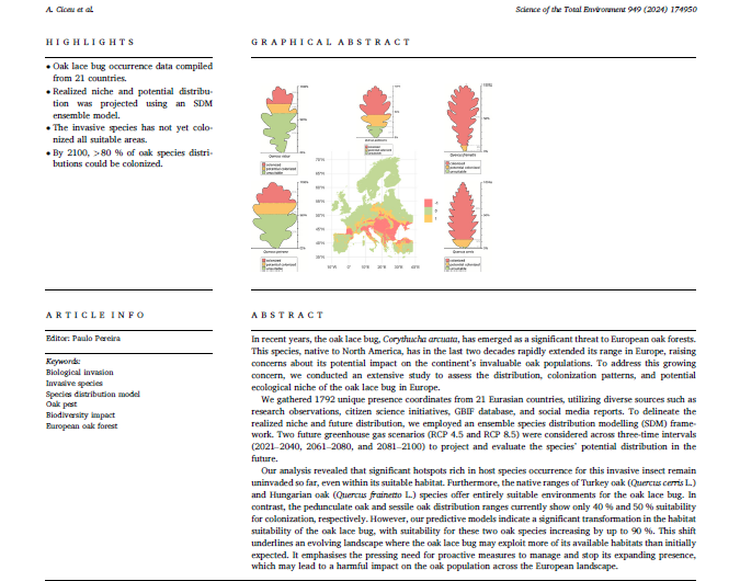 Istraživači Univerziteta u Sarajevu - Šumarskog fakulteta prof. dr. Mirza Dautbašić i prof. dr. Osman Mujezinović objavili su rad pod nazivom The ongoing range expansion of the invasive oak lace bug across Europe: current occurrence and potential distribution under climate change u prestižnom časopisu Science of the Total Environment.   Istraživanje je provela grupa istraživača iz 26 evropskih zemalja, iz oblasti zaštite šuma i urbanog zelenila. Radi se o istraživanju distribucije i ekspanzije štetnog insekta hrastova mrežasta stjenica (Corythuca arcuata) u Evropi. Naime, u posljednjih nekoliko godina, hrastova mrežasta stjenica, postala je značajna prijetnja evropskim i našim hrastovim šumskim ekosistemima i urbanom zelenilu. Ova vrsta, porijeklom iz Sjeverne Amerike, u posljednja dva desetljeća brzo je proširila svoj areal u Evropi, tako je i zabilježena i u Bosni i Hercegovini.  U ovoj studiji, kroz zajedničke napore, dobiven je opsežan skup podataka o prisustvu,  distribuciji, obrascima naseljavanja,  potencijalu i ekološkoj niši hrastove mrežaste stjenice u Evropi, koji uključuju različite izvore. Rezultati ovog istraživanja kao i prikupljeni podaci, od ključnog su značaja za upravljanje i zaštitu šuma i razvoj strategija za ublažavanje ekološkog uticaja ove invazivne vrste na hrastove šume.  Pored toga u radu se naglašava hitna potreba za proaktivnim mjerama za upravljanje i zaustavljanje njenog sve većeg prisustva i ekspanzije, što može dovesti do štetnog utjecaja na populaciju hrasta širom Evrope.  Rad je objavljen u priznatom međunarodnom časopisu rangiranom u prvom kvartilu iz oblasti ekologije i zaštite životne sredine (2023 Journal Citation Reports; JCR Q1, Impact factor 8.2).  The ongoing range expansion of the invasive oak lace bug across Europe: current occurrence and potential distribution under climate change - ScienceDirect  STOTEN | Science of The Total Environment | Journal | ScienceDirect.com by Elsevier