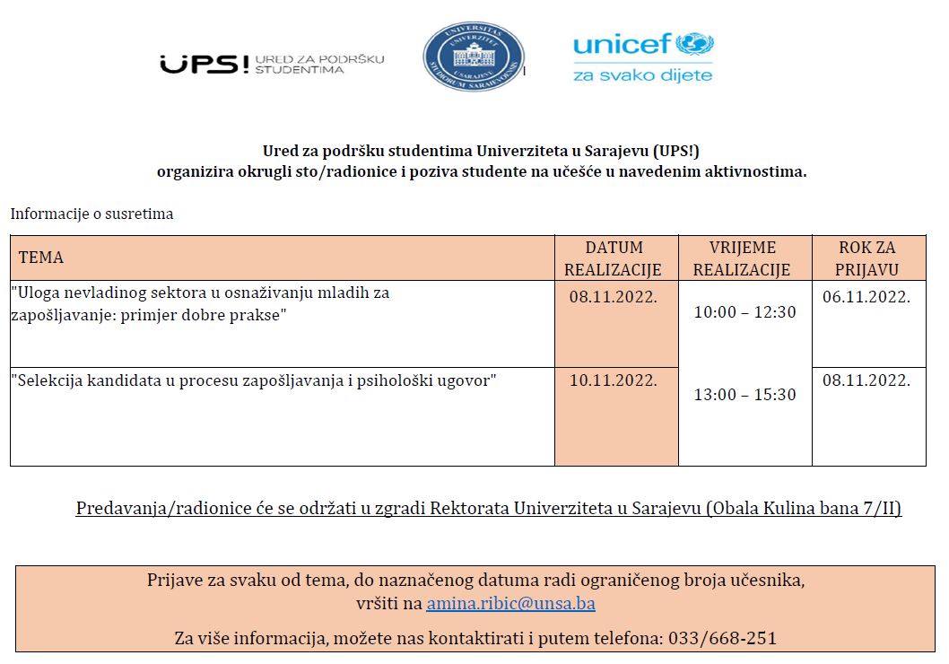 Ured za podršku studentima Univerziteta u Sarajevu (UPS!) organizira okrugli sto/radionice i poziva studente na učešće