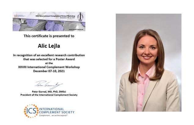Dr. sci. med. Lejla Alić sa Medicinskog fakulteta UNSA dobitnica nagrade za poster prezentaciju na prestižnom međunarodnom naučnom kongresu iz oblasti sistema komplementa