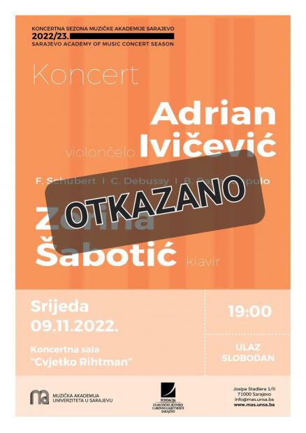 Otkazan koncert violončeliste Adriana Ivičevića i pijanistice Zerine Šabotić