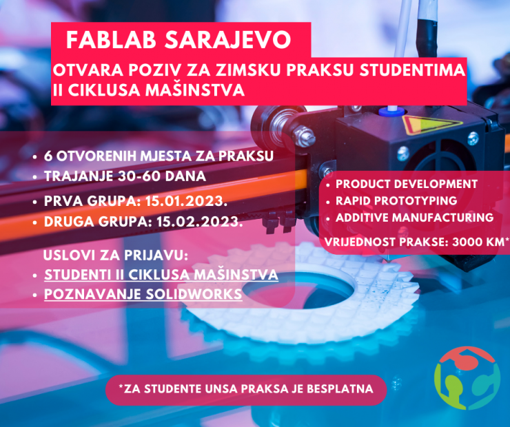 FabLab Sarajevo otvara poziv za zimsku praksu studentima II ciklusa mašinstva