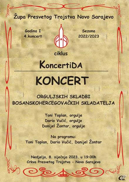 Trojica bh. kompozitora Toni Toplan, Dario Vučić i Danijel Žontar održat će koncert pod nazivom „Orguljske kompozicije bosanskohercegovačkih kompozitora“