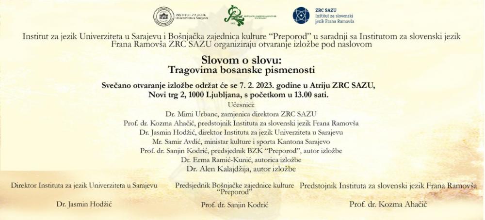 Institut za jezik: „Slovom o slovu: Tragovima bosanske pismenosti“ – Ljubljana, 7. 2. 2023.