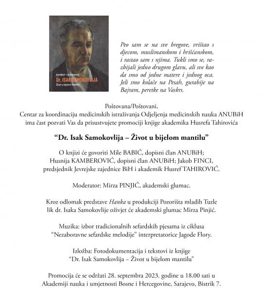 Promocija knjige “Dr. Isak Samokovlija – Život u bijelom mantilu” akademika Husrefa Tahirovića