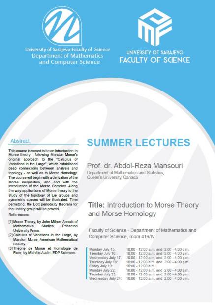 NAJAVA | Kurs "Uvod u Morzeovu teoriju i Morzeovu homologiju" na Odsjeku za matematičke i kompjuterske nauke Prirodno-matematičkog fakulteta UNSA