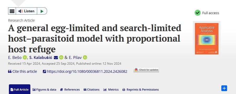 Naučni rad „A general egg-limited and search-limited host– parasitoid model with proportional host refuge” objavljen u naučnom časopisu Applicable Analysis
