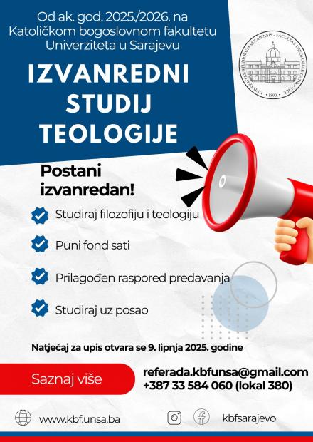Izvanredni integrirani filozofsko-teološki studij na Katoličkom bogoslovnom fakultetu UNSA