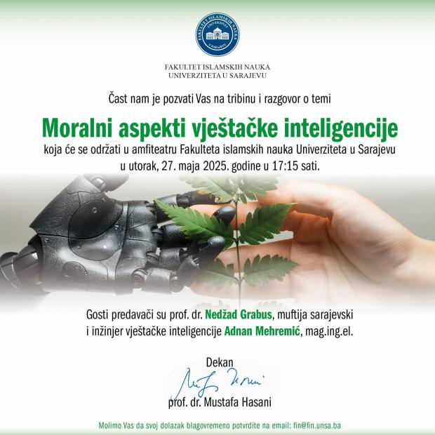 Poziv na tribinu i razgovor o temi: “Moralni aspekti vještačke inteligencije”