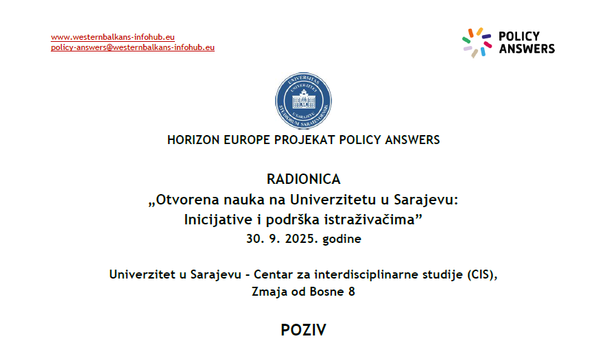 Poziv na radionicu „Otvorena nauka na Univerzitetu u Sarajevu: Inicijative i podrška istraživačima”