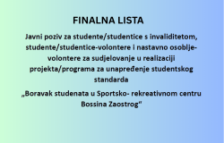 Finalna lista kandidata/kandidatkinja koji ispunjavaju uvjete Javnog poziva | Boravak studenata u Sportsko- rekreativnom centru Bossina Zaostrog