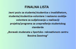 Finalna lista kandidata/kandidatkinja koji ispunjavaju uvjete Javnog poziva | Boravak studenata u Sportsko- rekreativnom centru Bossina Zaostrog